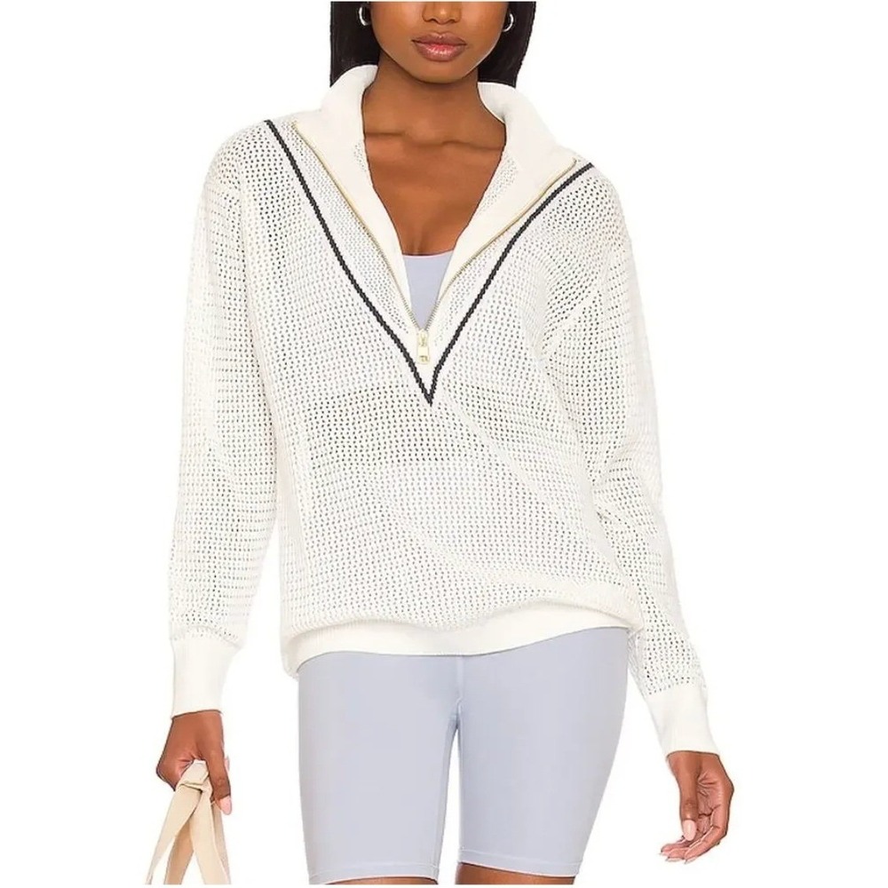 Varley Calva Knit Quarter Zip Sweater White Cotton Mesh Chevron VAR01142 XL